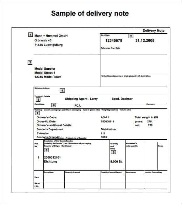 delivery note template 5964