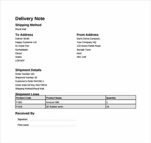 delivery note template 8946