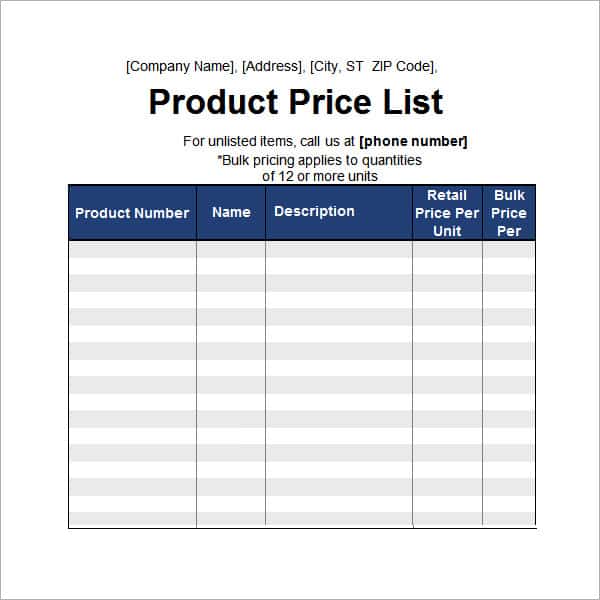 price list template 31