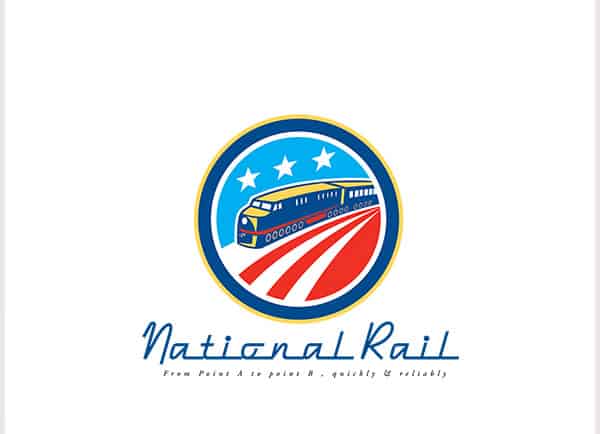National American Rail Logo. Logo showing illustration of a diesel train viewed from a high angle set inside circle with American stars and stripes flag in background done in retro style. 100% re-sizeable vectors. Logo available in vector EPS and AI formats. Fonts and color easy to customize.  Fonts used: Dymaxion Scipt  http://www.fontsquirrel.com/fonts/DymaxionScript and Adobe Garamond Pro italic and  Adobe Caslon Pro Italic (system fonts)