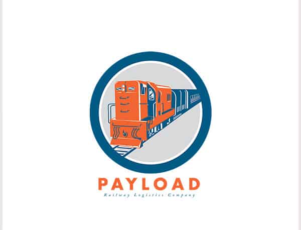 Payload Railway Logistics Logo. Logo showing illustration of a diesel train viewed from front set inside circle on isolated white background done in retro style. 100% re-sizeable vectors. Logo available in vector EPS and AI formats. Fonts and color easy to customize.  Fonts used: Futura Bold http://www.myfonts.com/fonts/bitstream/futura/bold/ and  Adobe Caslon Pro Italic (system font0