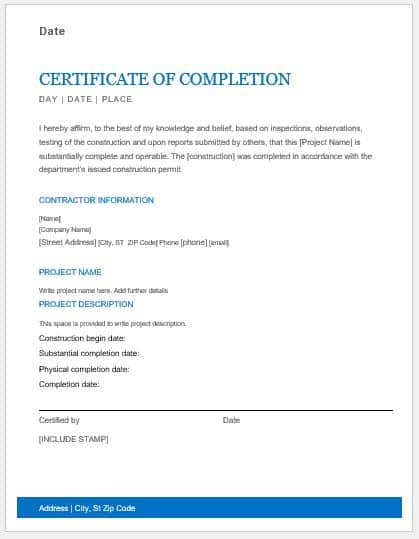 completion work certificate format