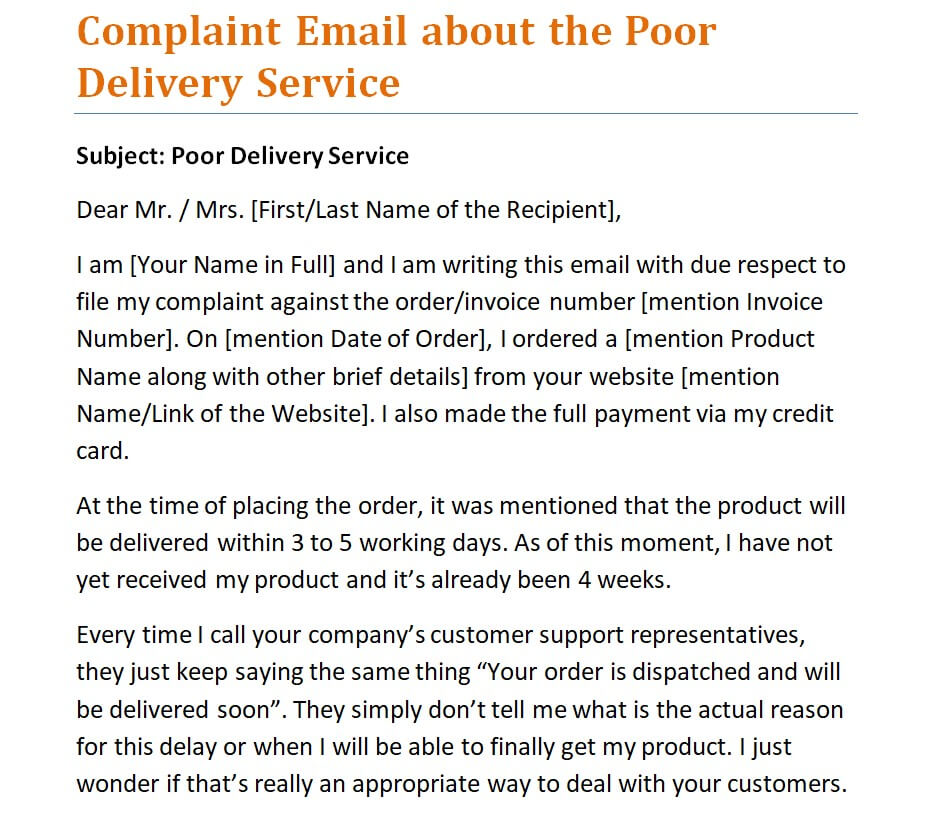 Complaint Email About the Poor Delivery Service — downloadable template preview