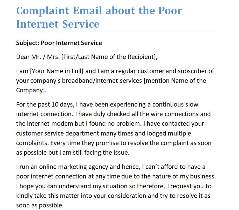 Complaint Email About the Poor Internet Service — downloadable template preview