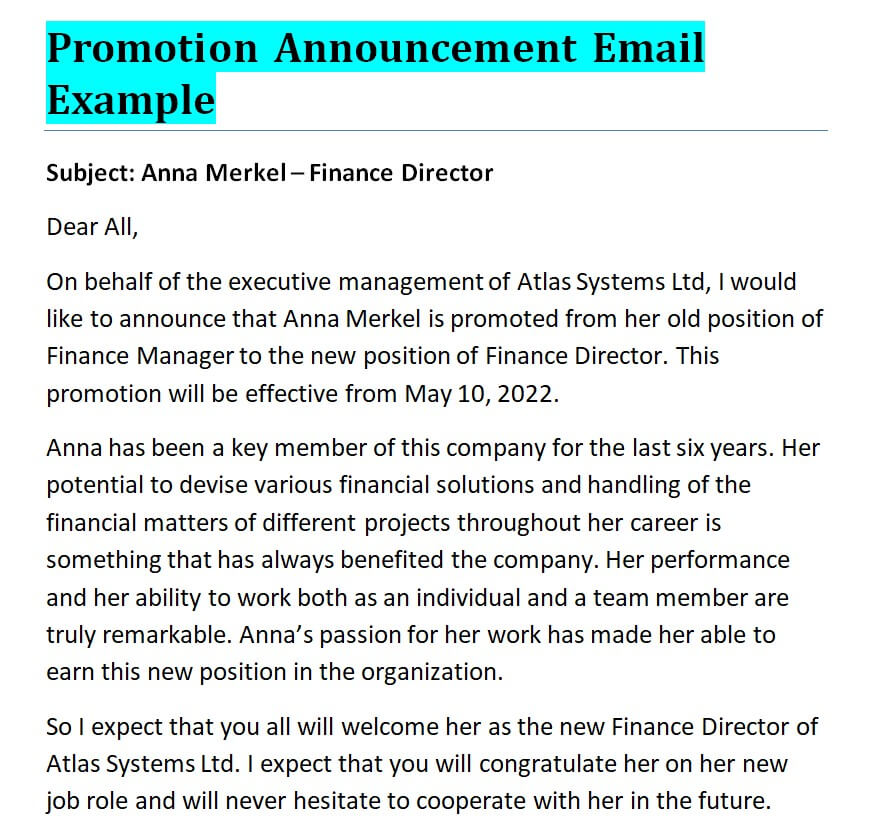 Formal Promotion Announcement Email — downloadable template preview