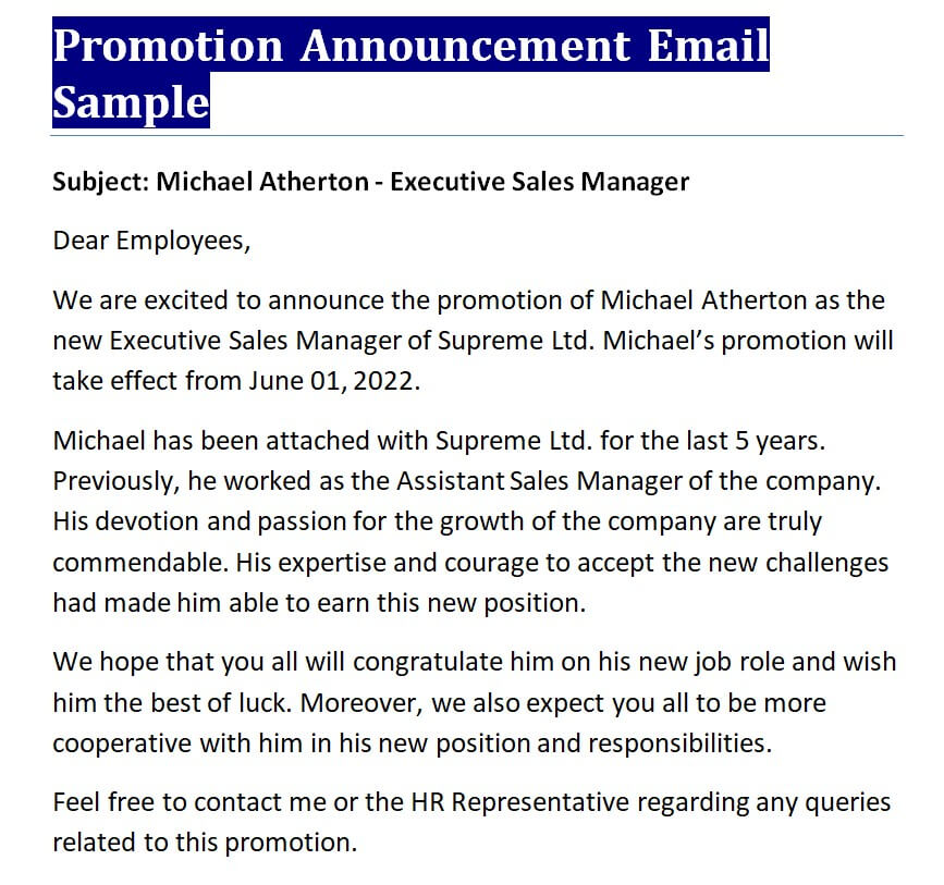 Official Promotion Announcement Email — downloadable template preview