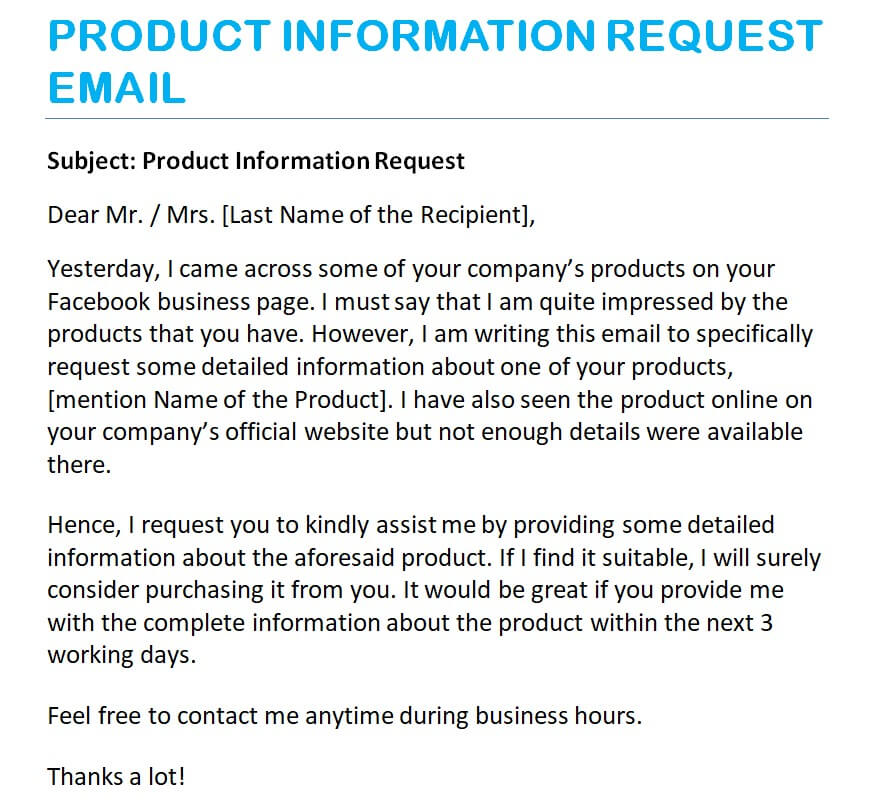 Product Information Request Email — downloadable template preview