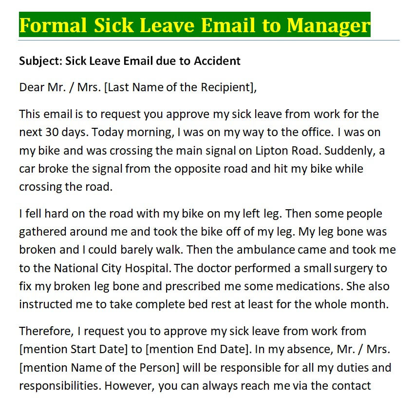 Formal Sick Leave Email to Manager — downloadable template preview