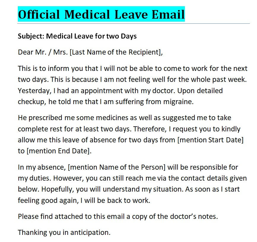 Official Medical Leave Email — downloadable template preview