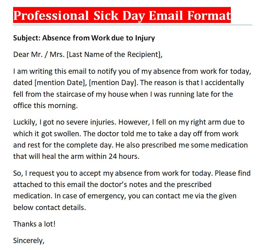 Professional Sick Day Email — downloadable template preview
