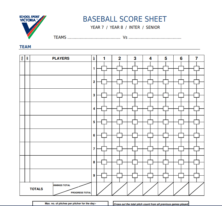 School Baseball Match Scoresheet Template — downloadable template preview