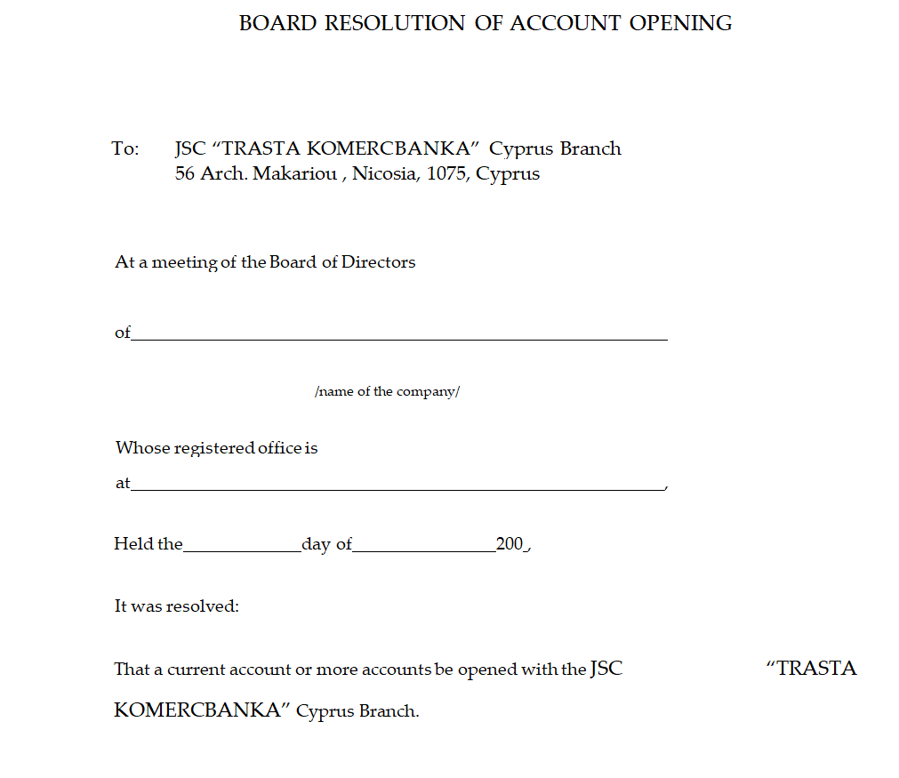 Board Resolution for Account Opening — downloadable template preview