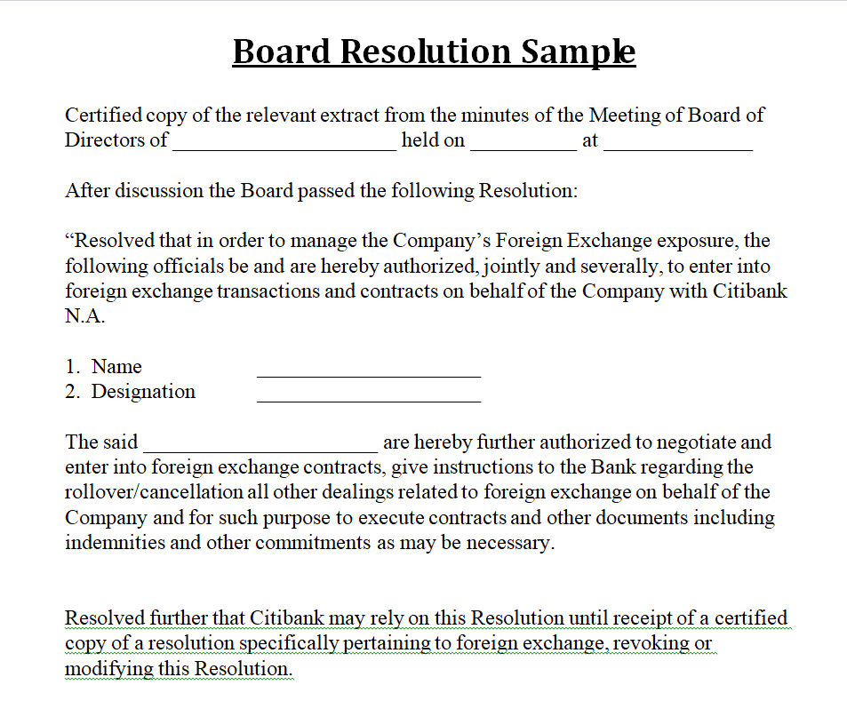 Board Resolution Sample in MS WORD — downloadable template preview
