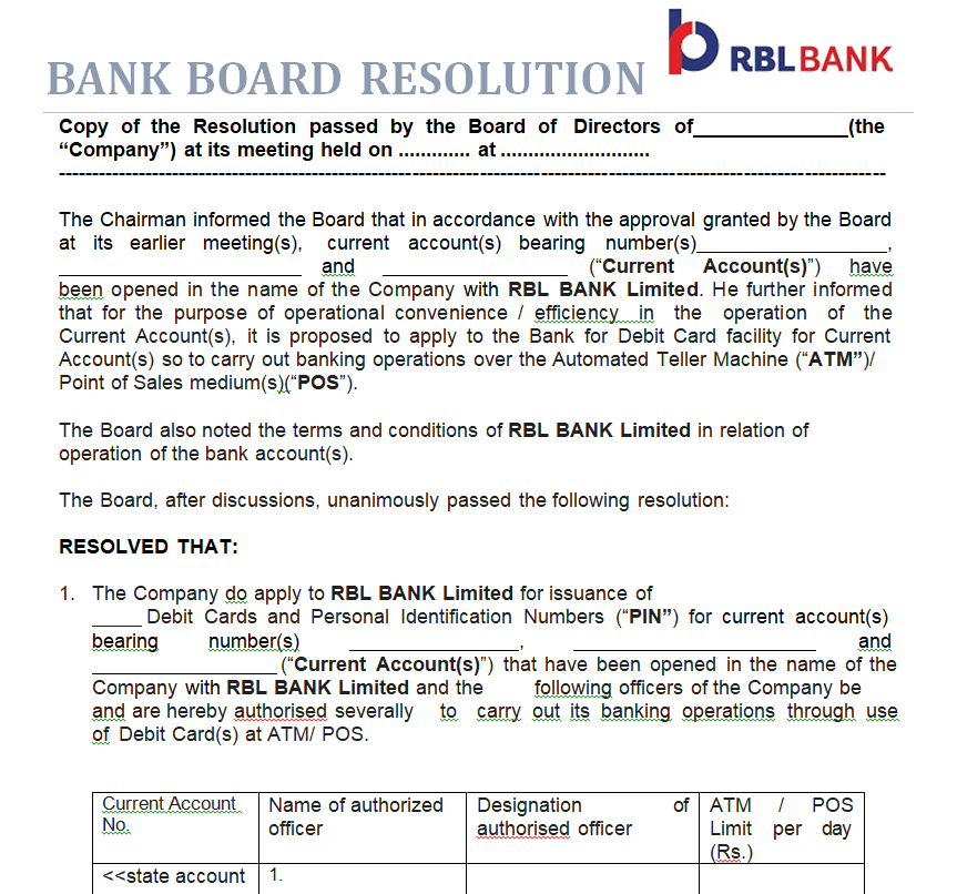 Bank Board Resolution — downloadable template preview