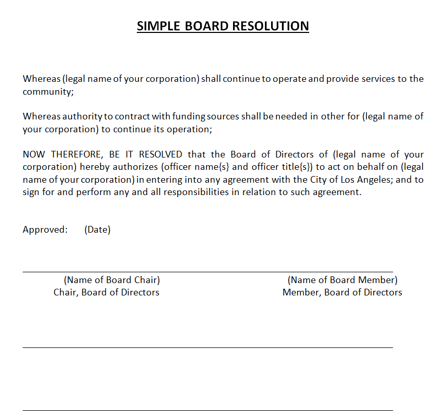 Simple Board Resolution Example — downloadable template preview