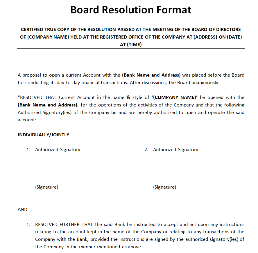 Board Resolution in MS WORD Format — downloadable template preview