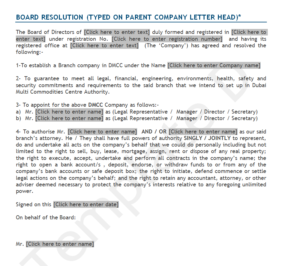 Parent Company's Board Resolution — downloadable template preview