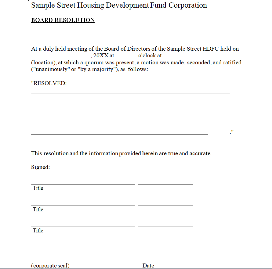 Board Resolution of Housing Development Fund Corporation — downloadable template preview