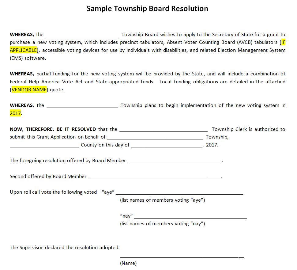 Sample Township Board Resolution — downloadable template preview