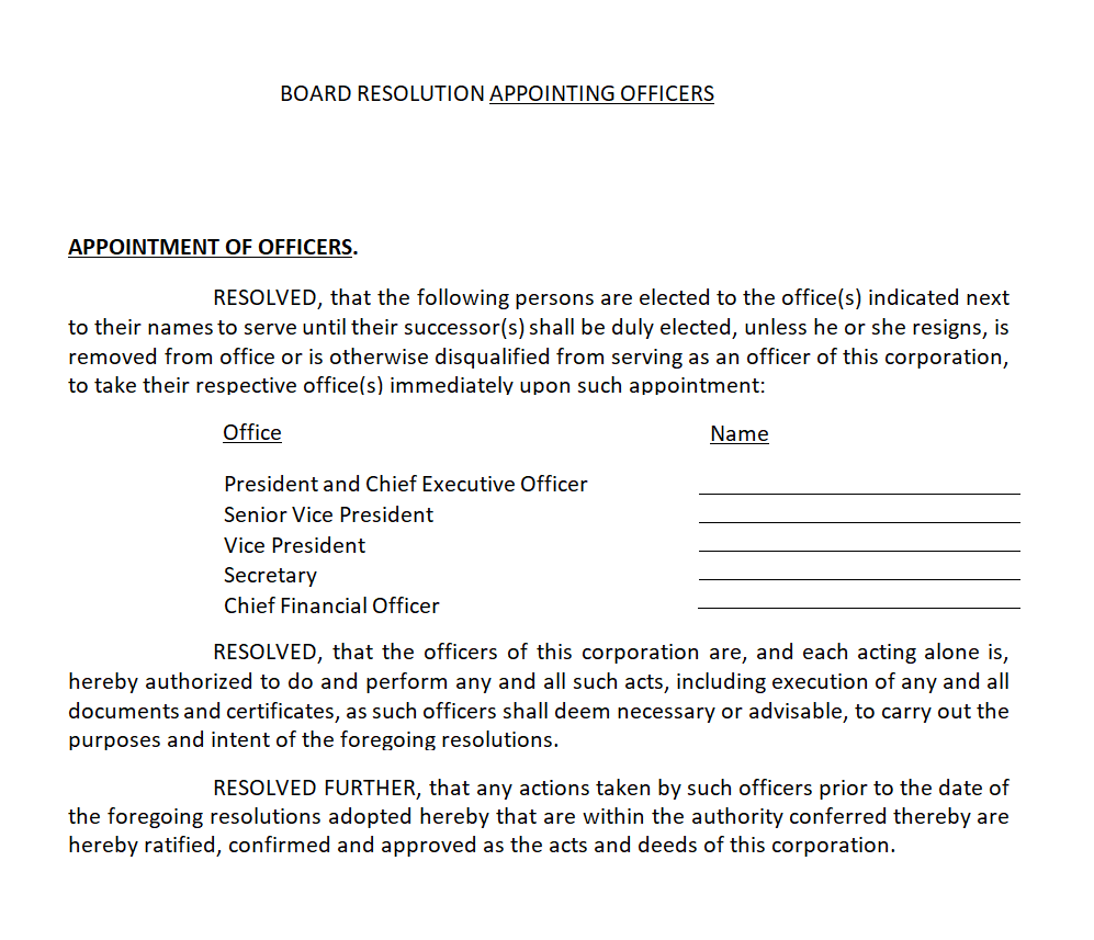 Board Resolution for Appointing Officers — downloadable template preview