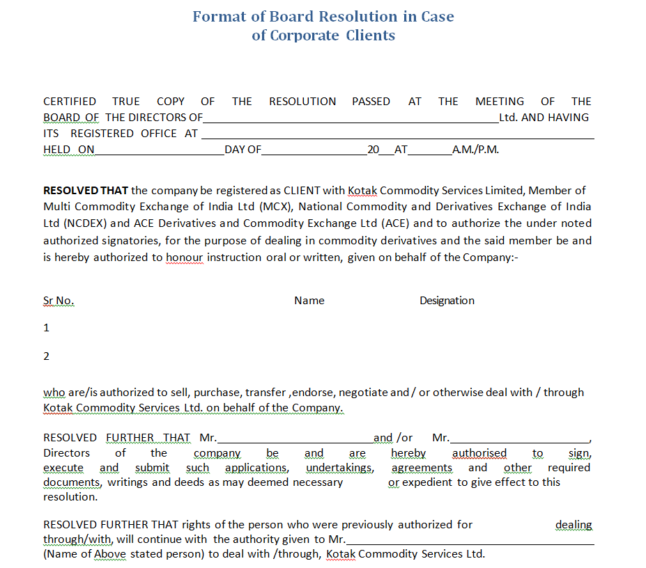 Board Resolution Format in Case of Corporate Clients — downloadable template preview