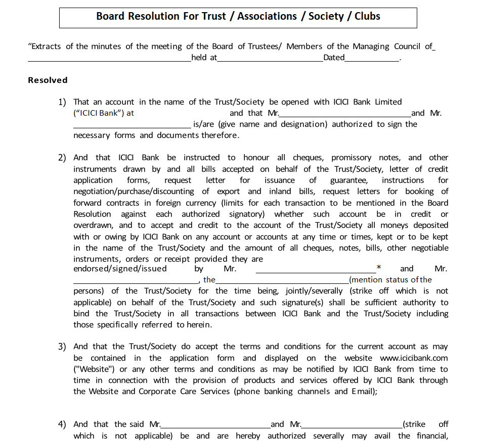 Board Resolution for Trust / Associations / Society / Clubs — downloadable template preview