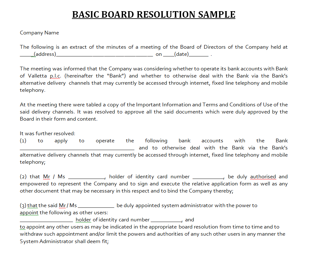 Basic Board Resolution Sample in DOC Format — downloadable template preview