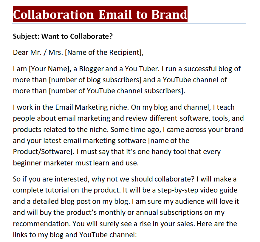 Collaboration Email to Brand — downloadable template preview