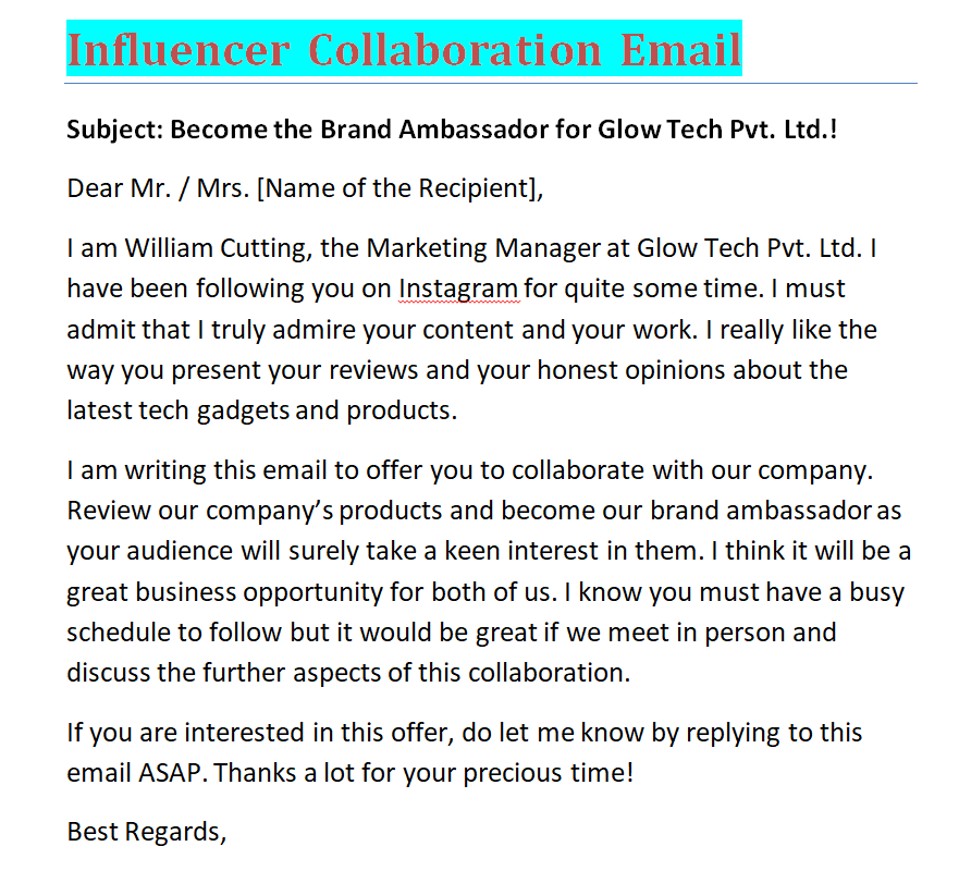 Influencer Collaboration Email — downloadable template preview