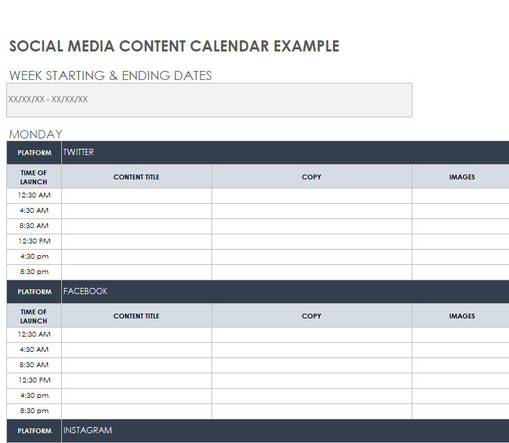 Social Media Content Calendar Example — downloadable template preview