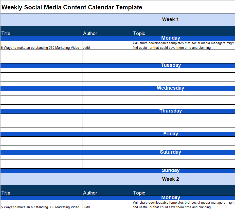Weekly Social Media Content Calendar Template — downloadable template preview