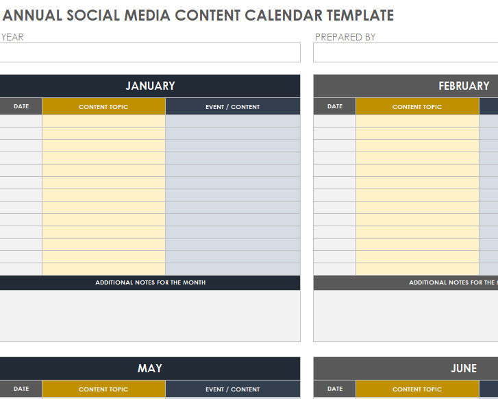 Annual Social Media Content Calendar Excel Template — downloadable template preview