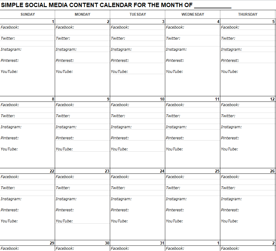 Simple Social Media Content Calendar Template — downloadable template preview