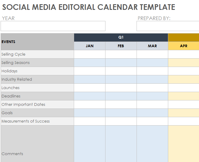 Social Media Editorial Calendar Template in XLSX Format — downloadable template preview