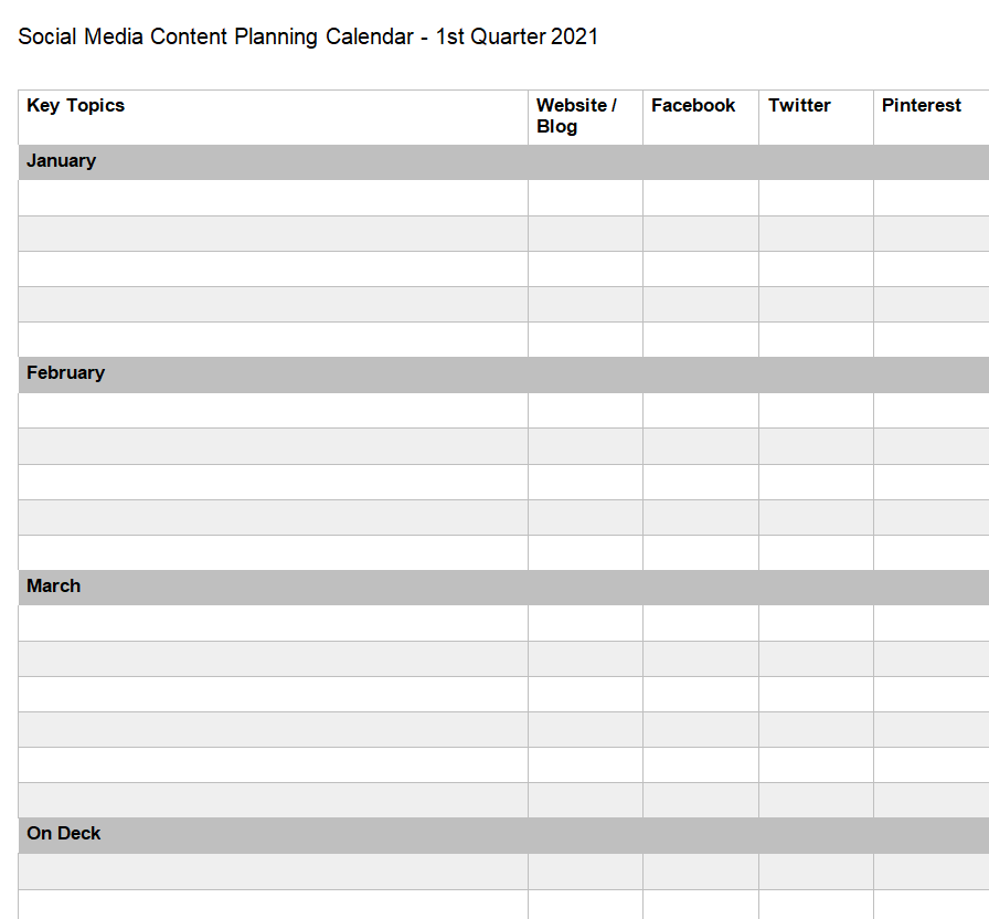 Quarterly Social Media Content Planning Calendar — downloadable template preview