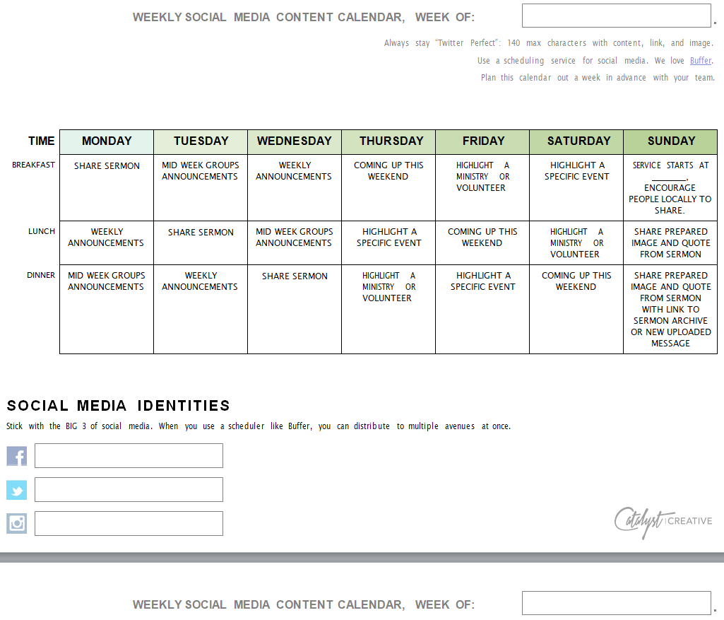 Weekly Social Media Content Calendar Sheet — downloadable template preview