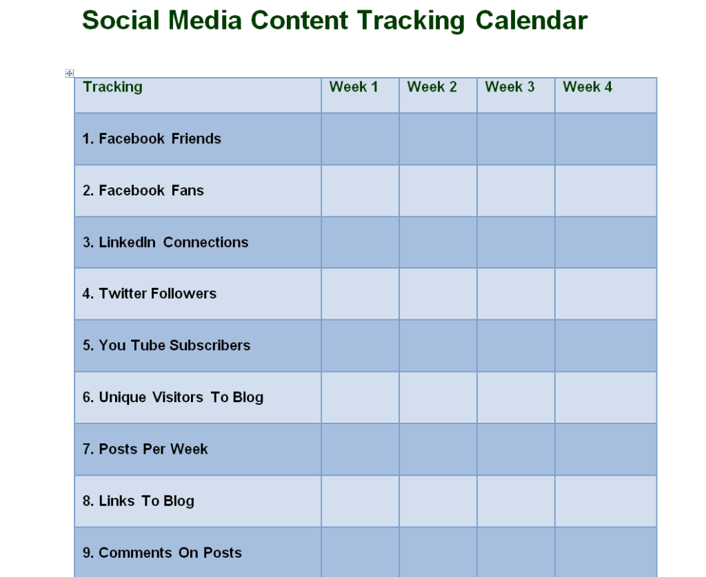 Social Media Content Tracking Calendar Example — downloadable template preview