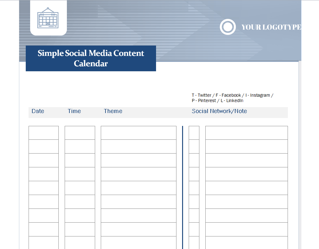 Simple Social Media Content Calendar Template in MS WORD — downloadable template preview