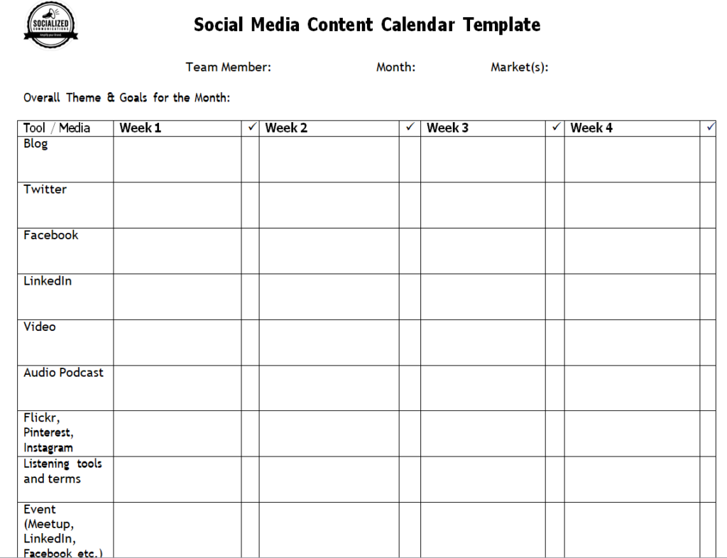 Blank Social Media Content Calendar Word Template — downloadable template preview