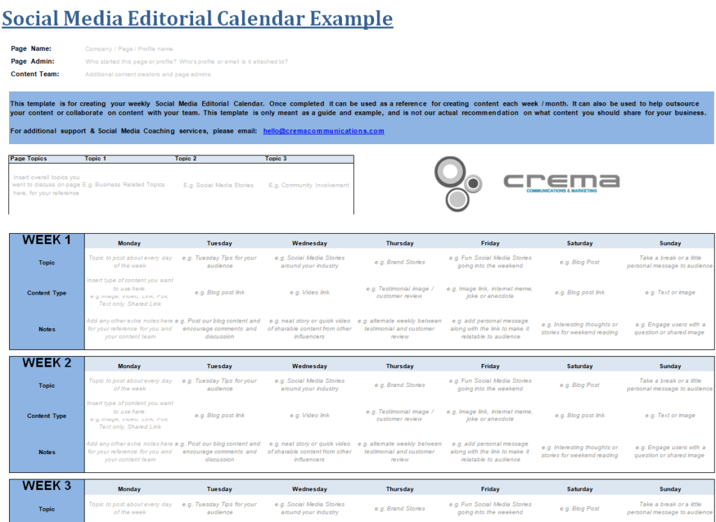 Social Media Editorial Calendar Example WORD — downloadable template preview