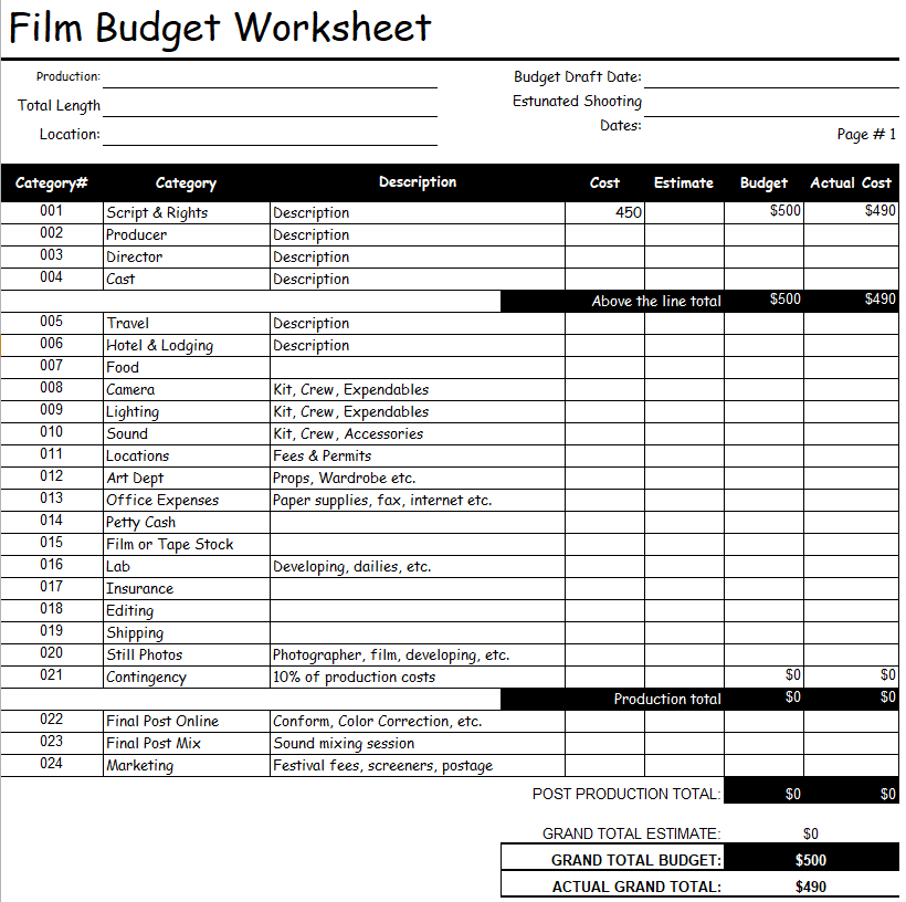 Film Budget Worksheet Template in MS Excel — downloadable template preview