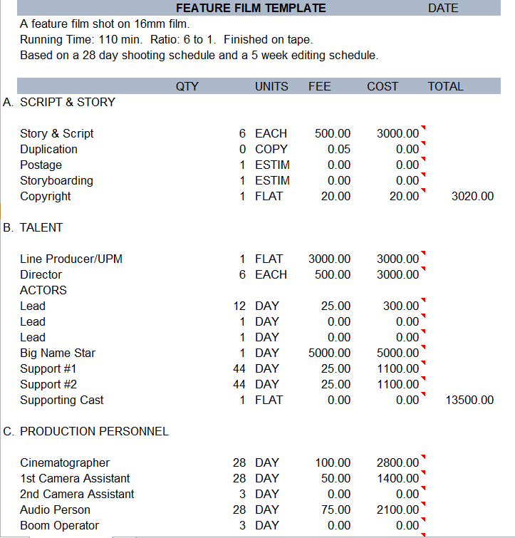 Feature Film Budget Template in XLSX Format — downloadable template preview