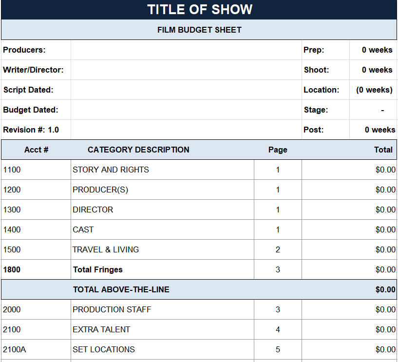Free Printable Film Budget Excel Sheet — downloadable template preview