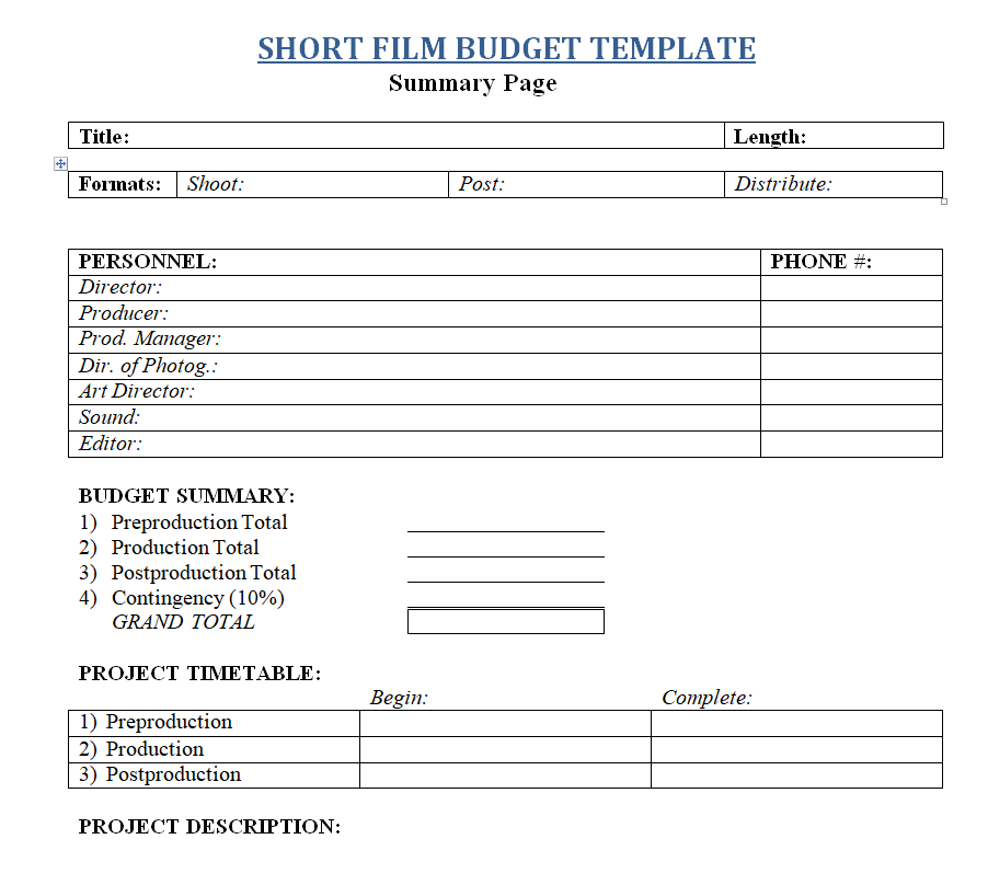 Short Film Budget Template WORD — downloadable template preview
