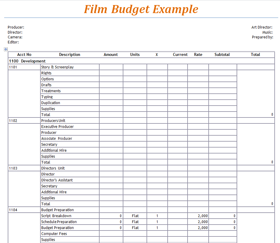 Film Budget Example MS WORD — downloadable template preview