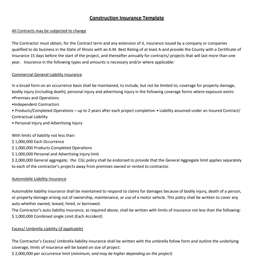 Construction Insurance Policy  Printable — downloadable template preview