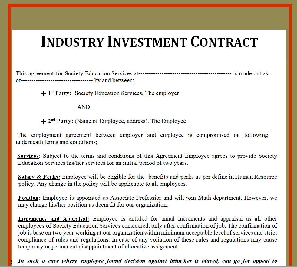 Industry Investment Contract Sample — downloadable template preview