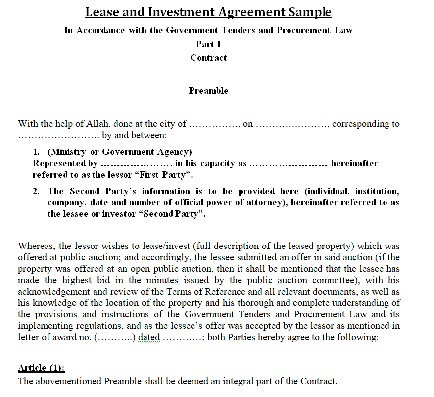 Lease and Investment Agreement Sample DOC — downloadable template preview