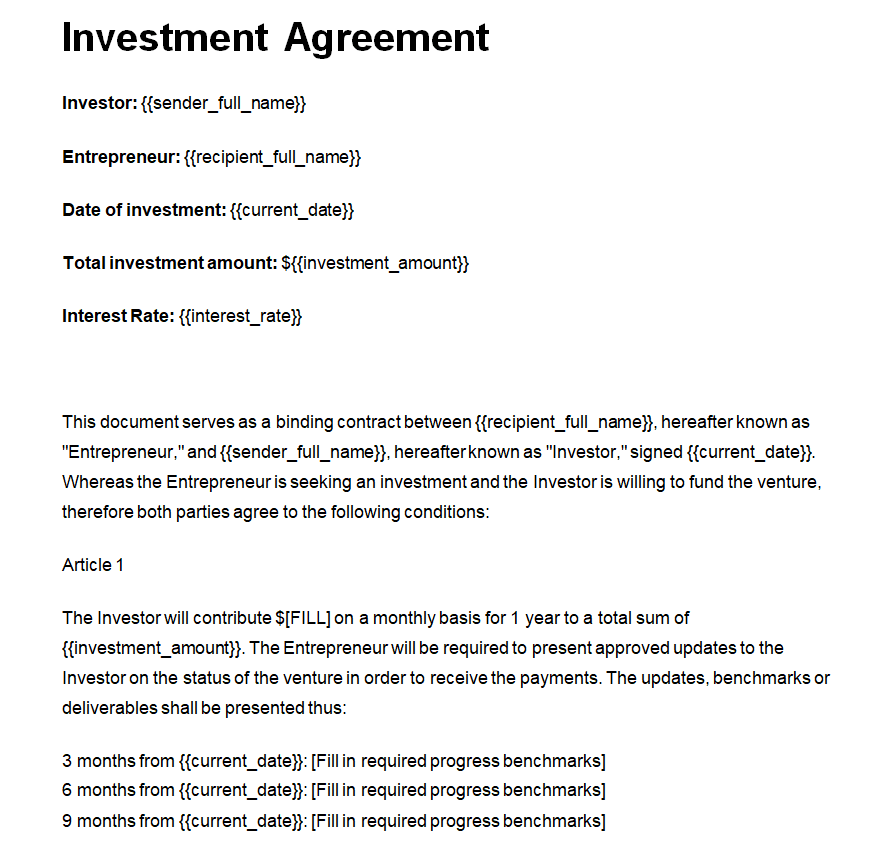 Customizable Investment Agreement Example — downloadable template preview