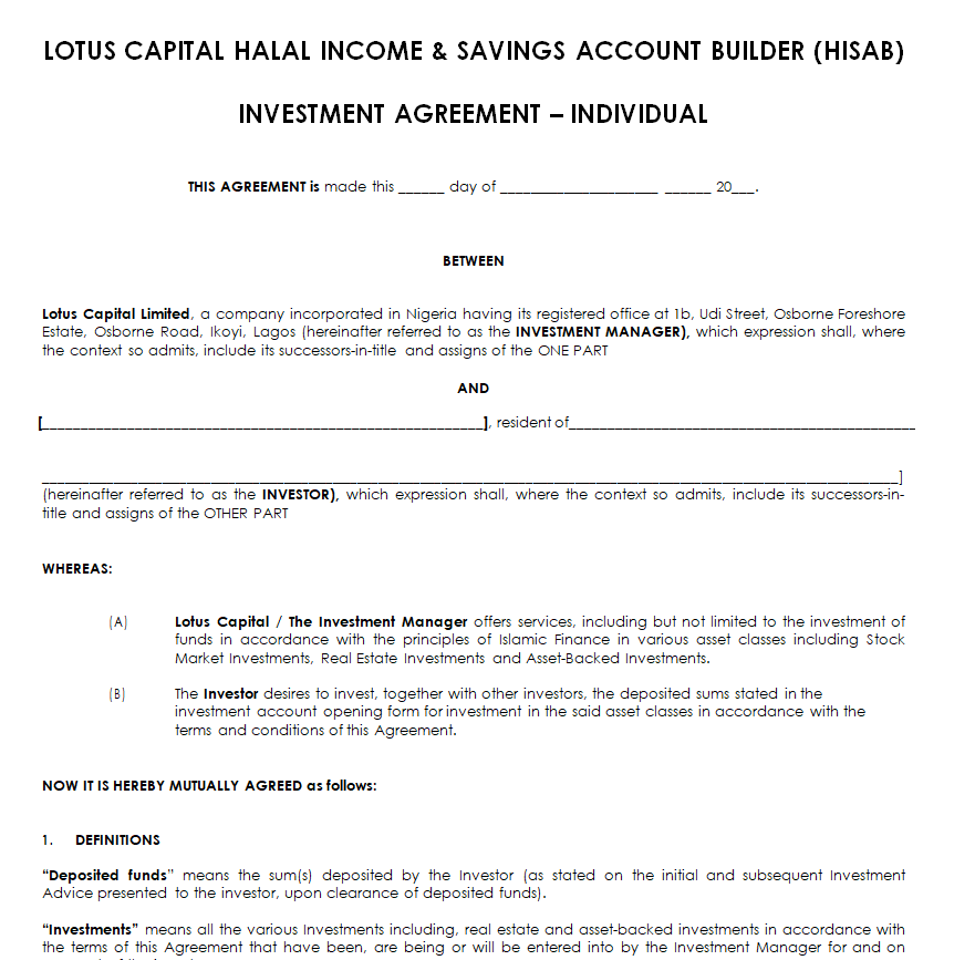 Individual Investment Agreement Sample — downloadable template preview